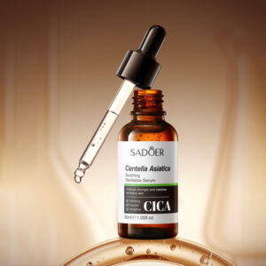 SADOER Centella Asiatica Soothing Face Serum bottle with open dropper showing clear hydrating liquid.