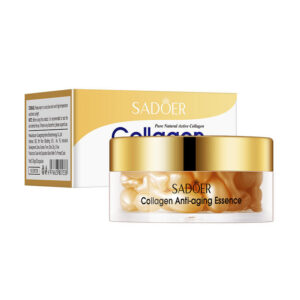 SADOER Collagen Anti-Aging Essence Capsules in a clear jar and gold box.