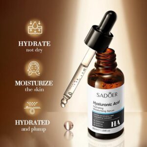 SADOER Hyaluronic Acid Hydrating Face Serum bottle with dropper highlighting moisturizing and plumping skin benefits.