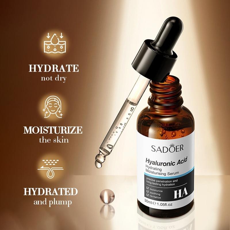 SADOER Hyaluronic Acid Hydrating Face Serum bottle with dropper highlighting moisturizing and plumping skin benefits.