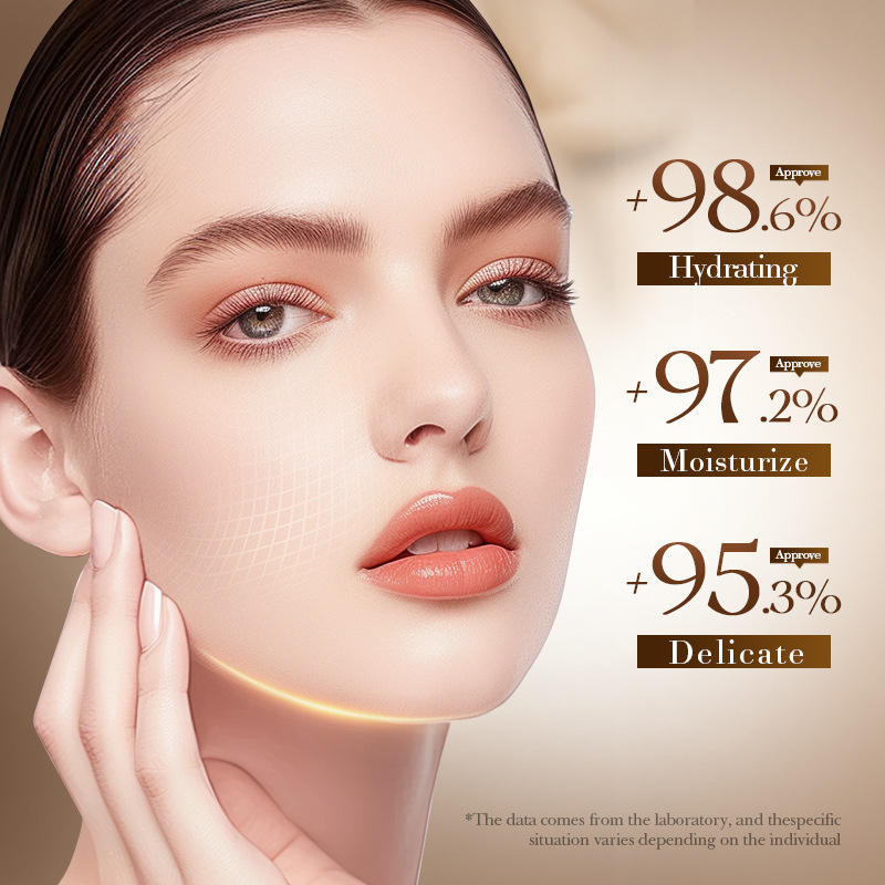 Woman with smooth skin displaying hydration statistics for SADOER Hyaluronic Acid Hydrating Face Serum.