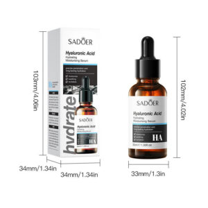 Size dimensions for the SADOER Hyaluronic Acid Hydrating Face Serum bottle and box.