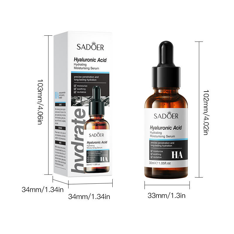 Size dimensions for the SADOER Hyaluronic Acid Hydrating Face Serum bottle and box.