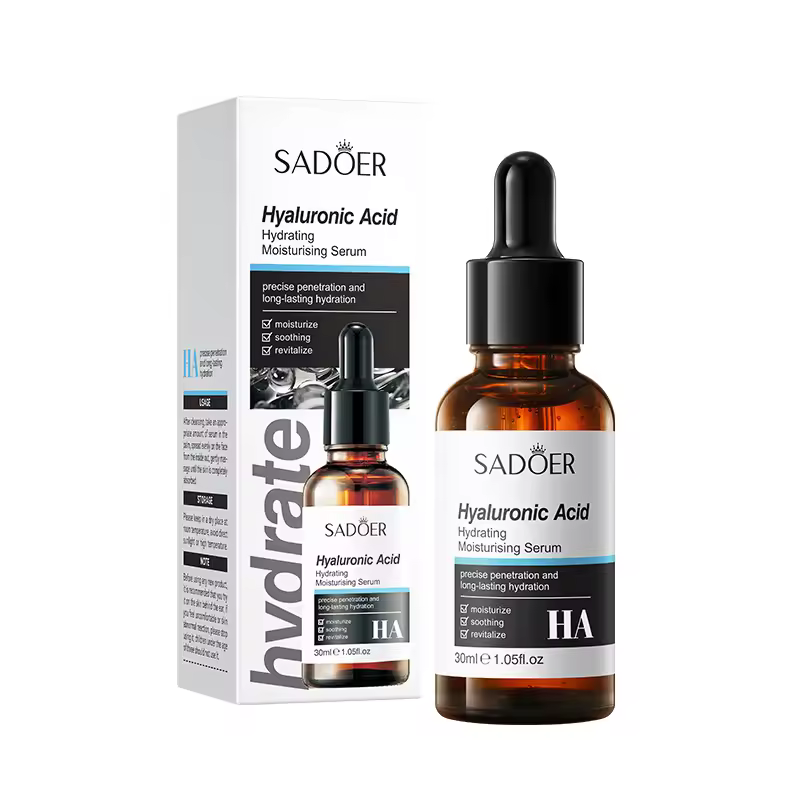SADOER Hyaluronic Acid Hydrating Face Serum glass dropper bottle and packaging box.