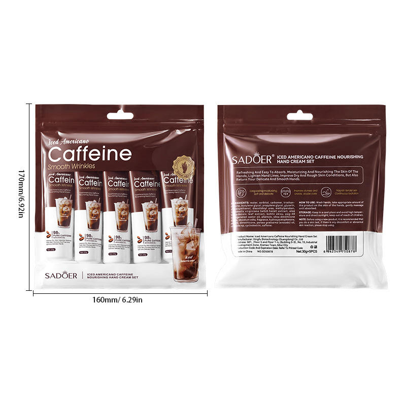 Front and back packaging view for SADOER Iced Americano Caffeine Hand Cream.