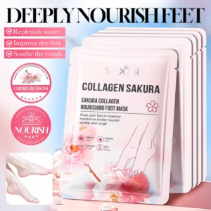 SADOER Sakura Collagen Foot Mask packets highlighting deep nourishment to soften dry, rough feet.