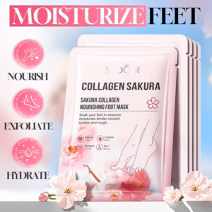 SADOER Sakura Collagen Foot Mask sachets displaying moisturizing, nourishing, and hydrating benefits for feet.