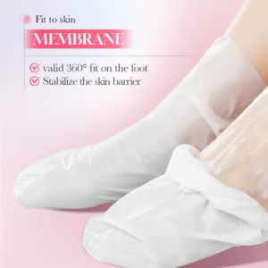 Feet wearing SADOER Sakura Collagen Foot Mask booties, demonstrating a secure 360-degree moisturizing fit.