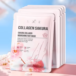 Stack of SADOER Sakura Collagen Foot Mask packets displayed among pink cherry blossoms.