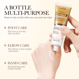 Person applying SADOER Shea Butter Anti-Cracking Hand & Foot Cream to hand for moisturizing skin care.