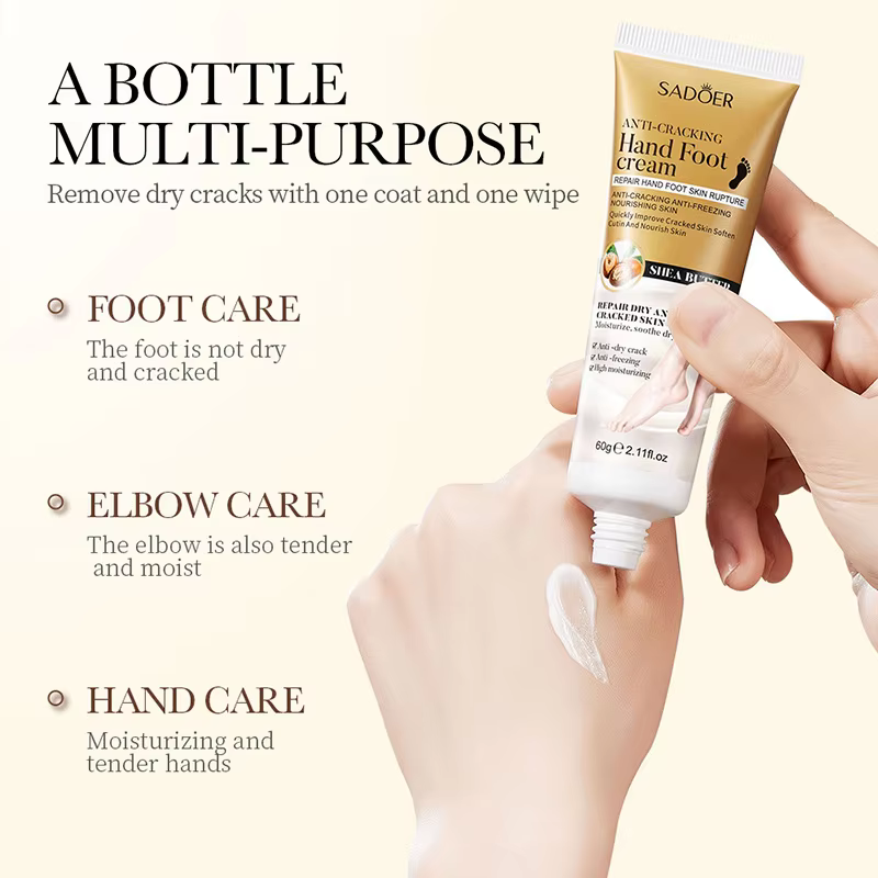 Person applying SADOER Shea Butter Anti-Cracking Hand & Foot Cream to hand for moisturizing skin care.