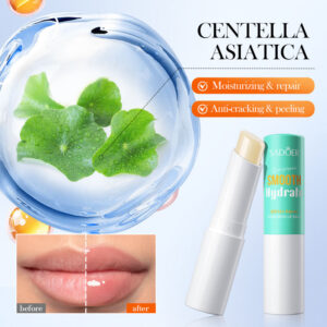 SADOER Sunscreen Lip Balm SPF 15+ displaying centella asiatica and moisturizing lip repair results.