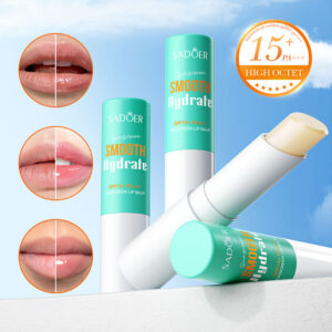 SADOER Sunscreen Lip Balm SPF 15+ tubes with before-and-after moisturizing lip comparisons.