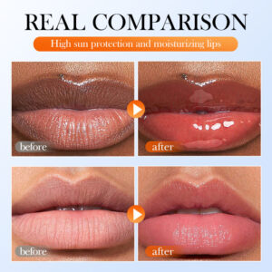 SADOER Sunscreen Lip Balm SPF 15+ before-and-after comparison showing smoother, moisturized lips.