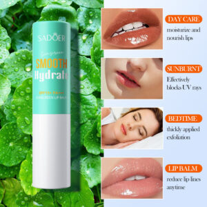 SADOER Sunscreen Lip Balm SPF 15+ infographic displaying daily moisturizing and UV protection benefits.