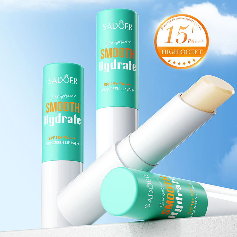Three SADOER Sunscreen Lip Balm SPF 15+ tubes displayed against a cloudy blue sky background.