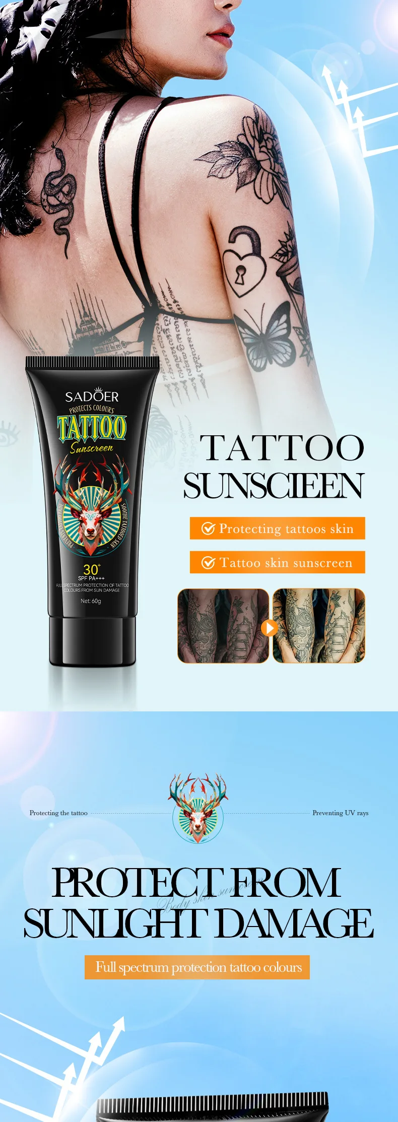 SADOER Tattoo Sunscreen SPF 30+ product information.