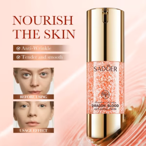 SADOER Dragon Blood Anti-Ageing Face Cream bottle showing anti-wrinkle benefits and before-and-after smoothing results.