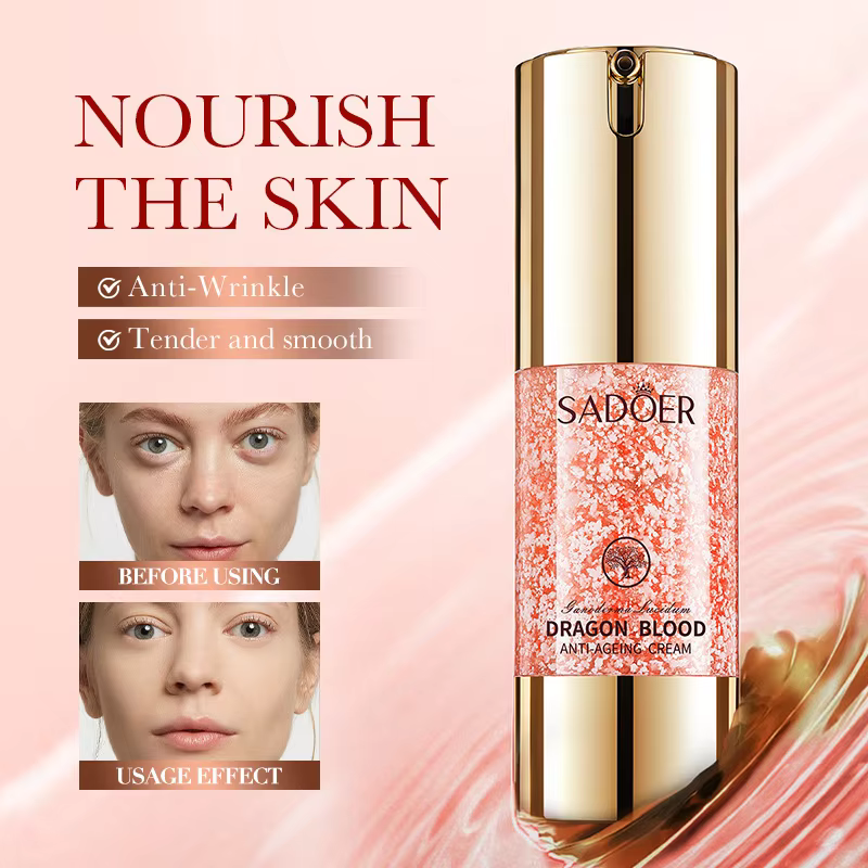 SADOER Dragon Blood Anti-Ageing Face Cream bottle showing anti-wrinkle benefits and before-and-after smoothing results.