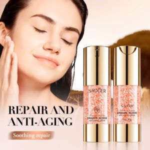 SADOER Dragon Blood Anti-Ageing Face Cream bottles beside a woman with a smooth, radiant complexion.