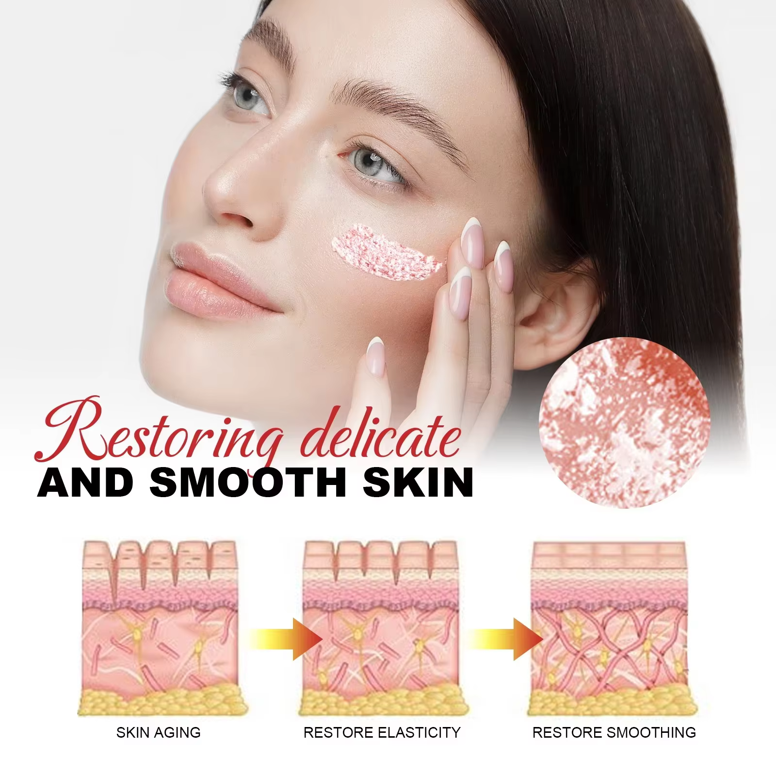 Woman applying SADOER Dragon Blood Anti-Ageing Face Cream to restore smooth, hydrated skin.