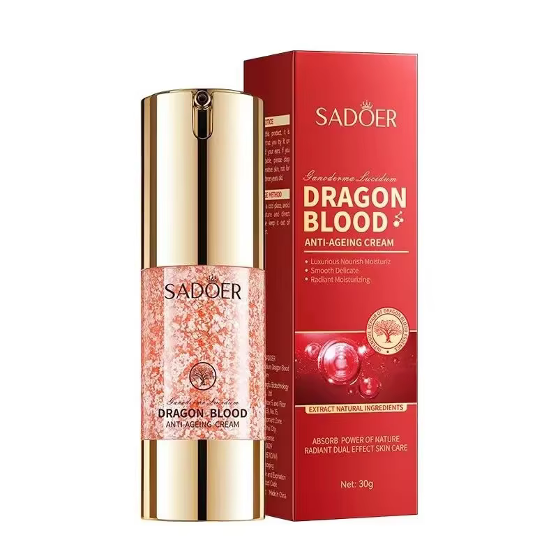 Moisturizing SADOER Dragon Blood Anti-Ageing Face Cream pump bottle and red packaging box.